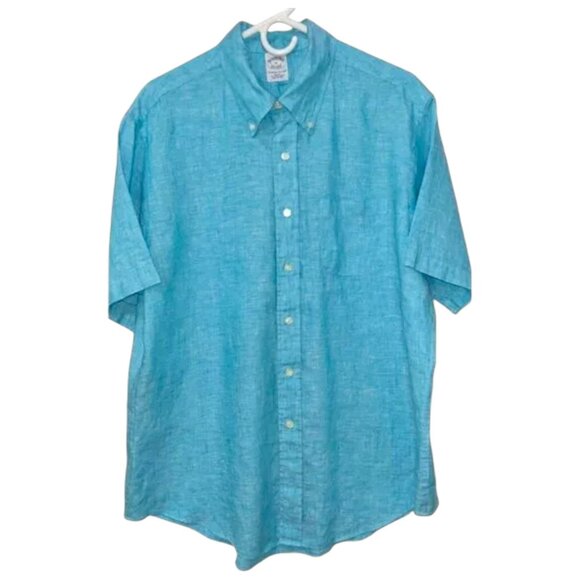 Brooks Brothers Irish Linen Button Down Shirt XL Aqua Blue Short Sleeve Slim Fit - Picture 5 of 9